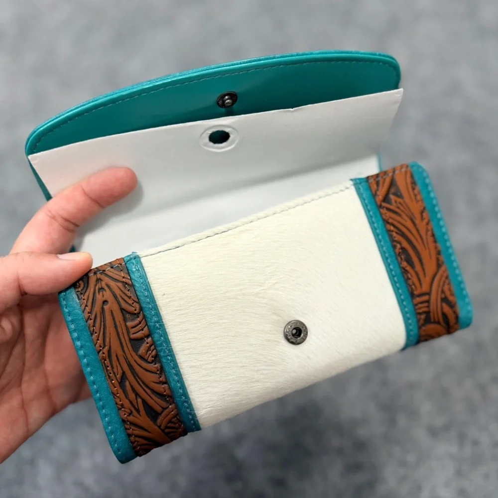 Montana West Hair-On Hide Tooled Wallet – Western Wristlet Brown-Turquoise
